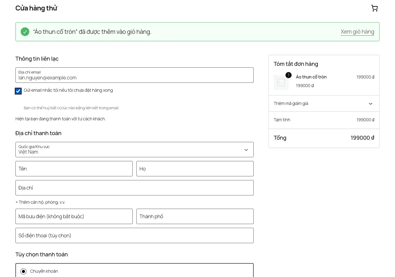 Ô đồng ý nhận email nhắc dưới trường email ở trang thanh toán