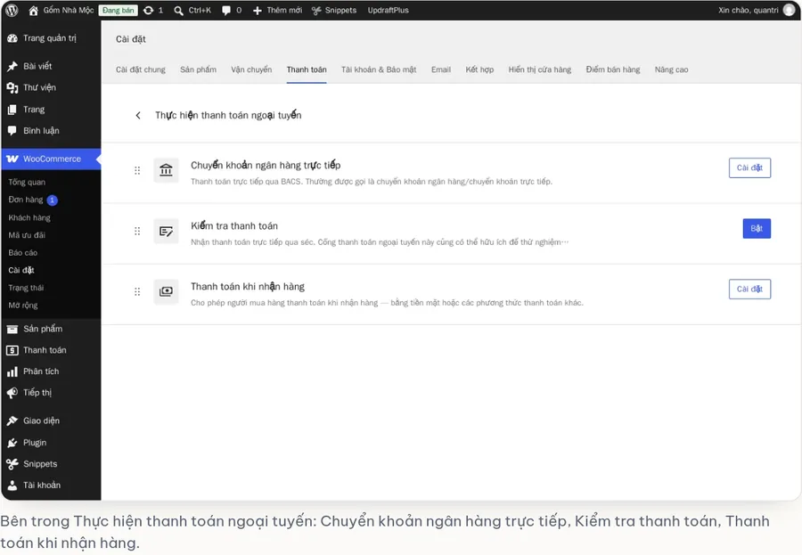 Ảnh chụp WooCommerce mục Thực hiện thanh toán ngoại tuyến