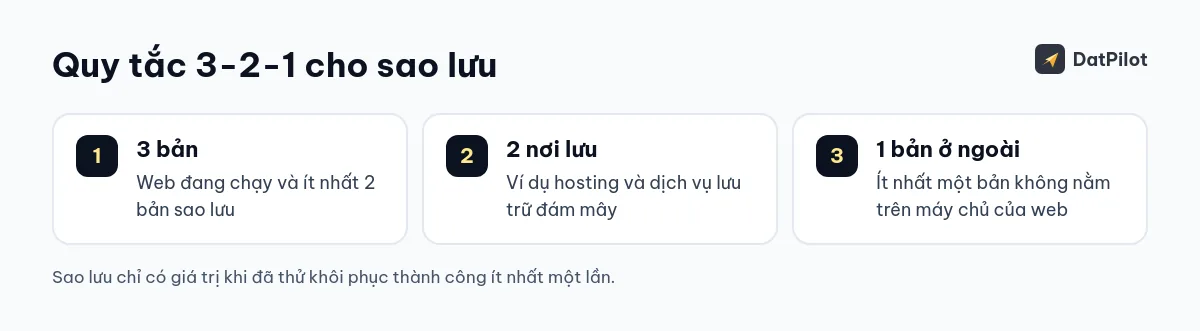 Quy tắc 3-2-1: ba bản, hai nơi lưu, một bản không nằm trên máy chủ của web.