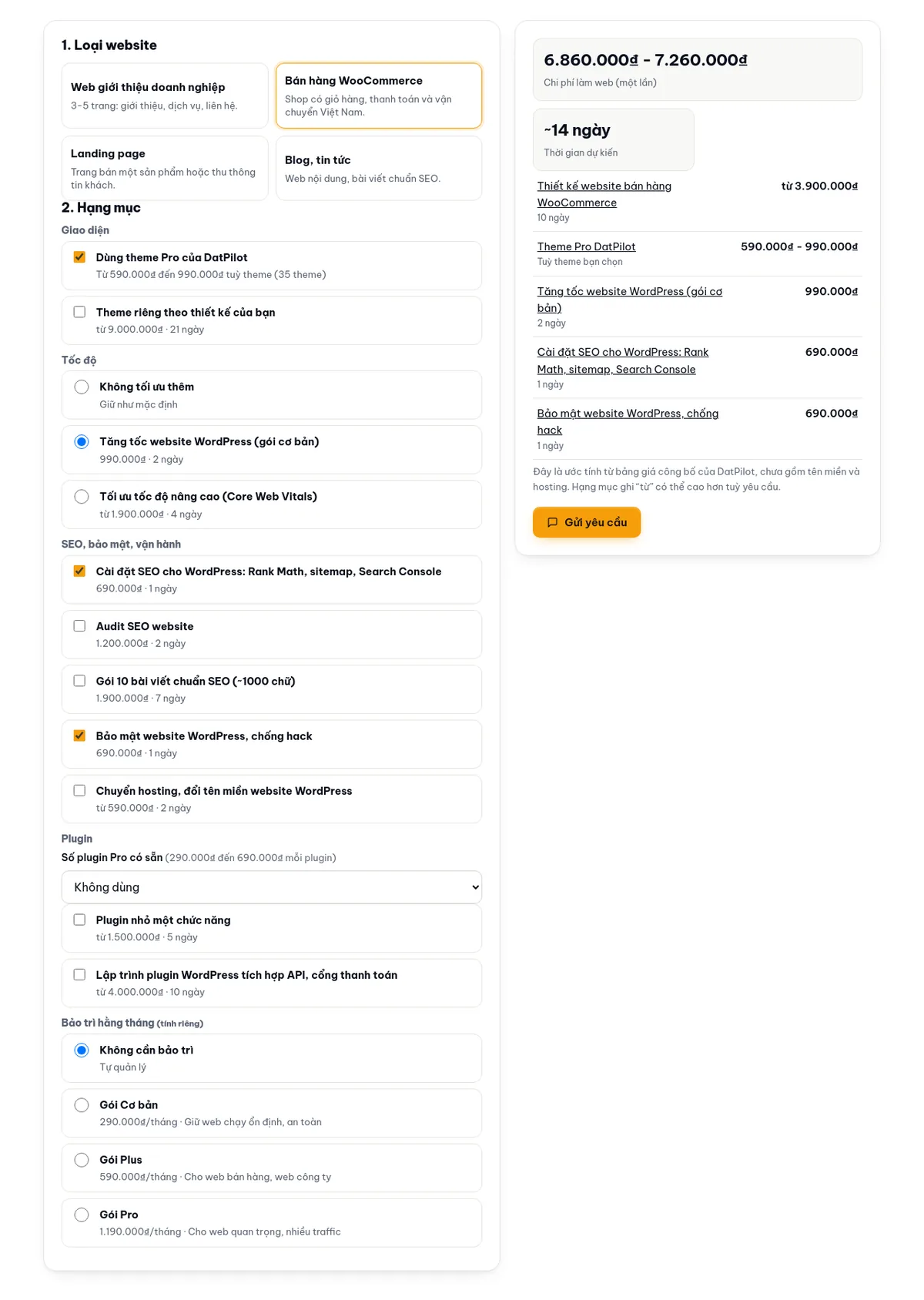Công cụ ước tính chi phí trên datpilot.com với loại web Bán hàng WooCommerce: tổng khoảng giá, thời gian dự kiến và từng dòng chi phí có link tới dịch vụ.