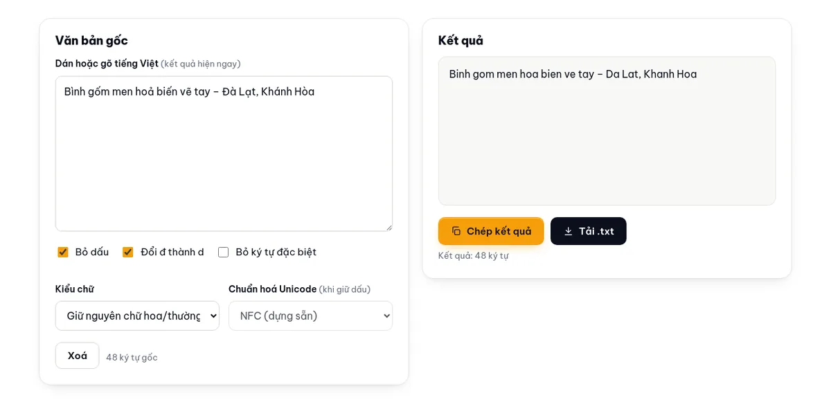 Công cụ bỏ dấu tiếng Việt: văn bản gốc bên trái, kết quả không dấu bên phải, kèm số ký tự.