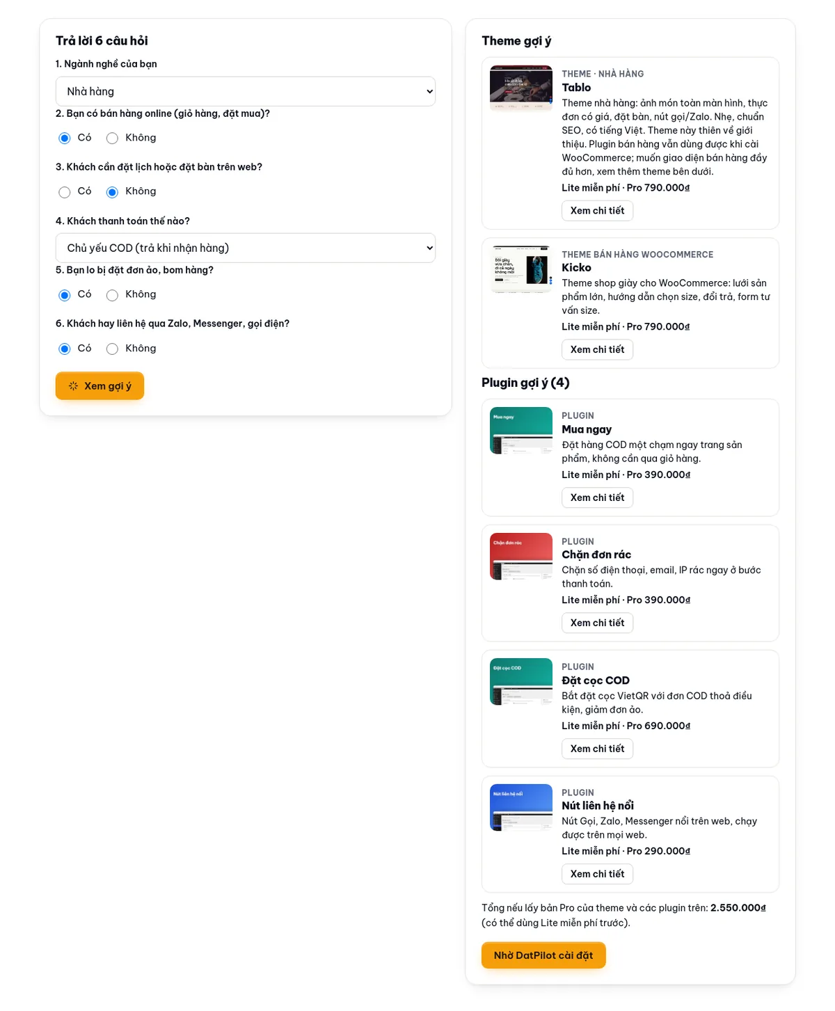 Trắc nghiệm chọn theme và plugin: 6 câu hỏi bên trái, theme và plugin gợi ý bên phải kèm giá bản Lite và Pro.