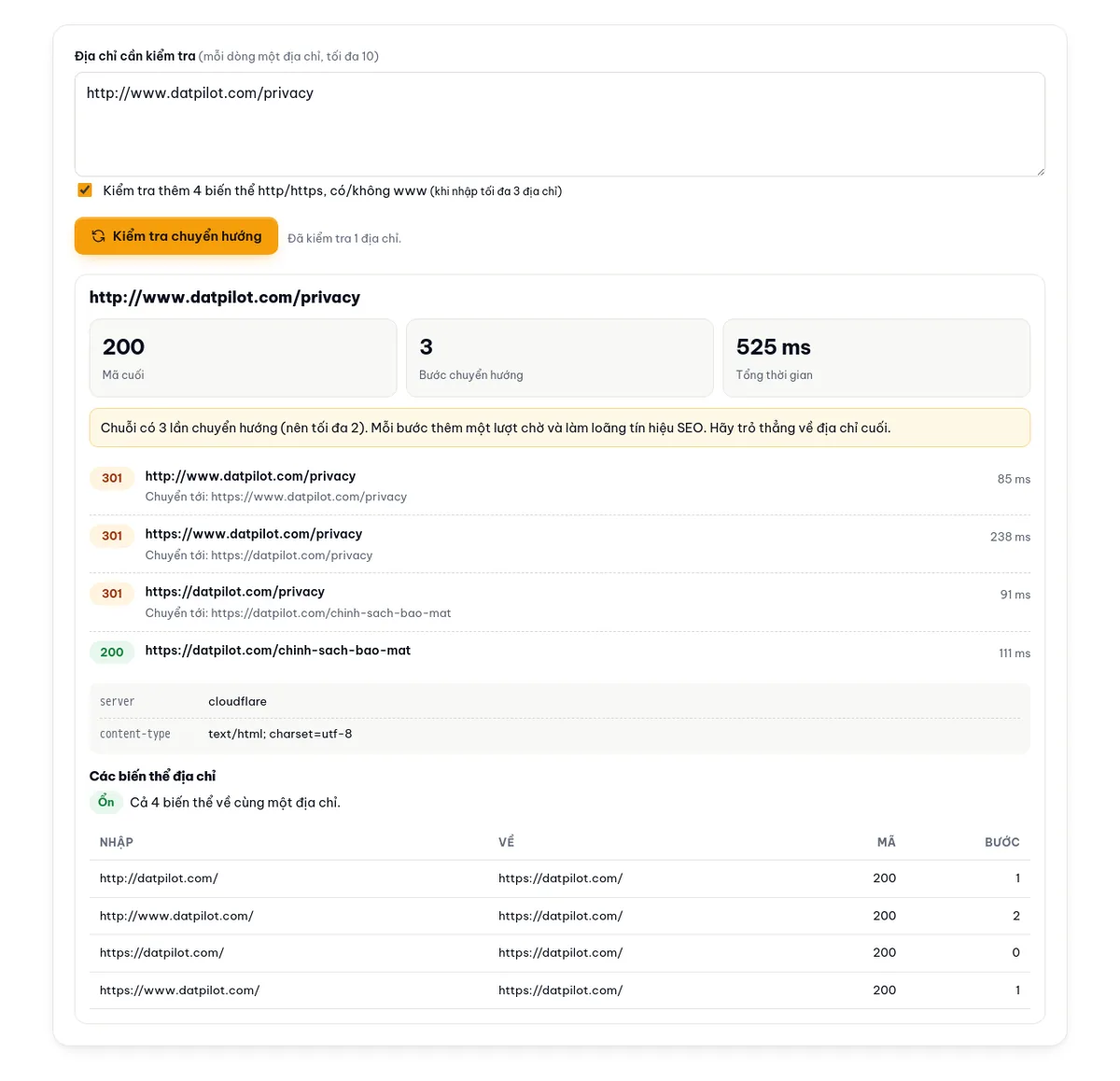 Công cụ kiểm tra chuyển hướng với một địa chỉ cũ của datpilot.com: 3 bước 301 rồi 200, thời gian từng bước, và bảng 4 biến thể http/https, có/không www.