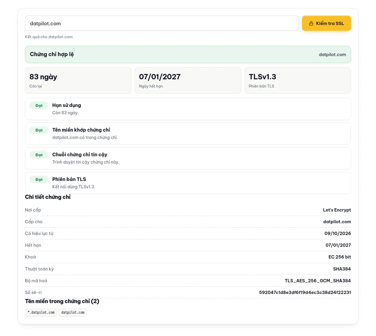 Kết quả kiểm tra SSL của datpilot.com: số ngày còn lại, ngày hết hạn, phiên bản TLS, bốn mục đạt và chi tiết chứng chỉ.