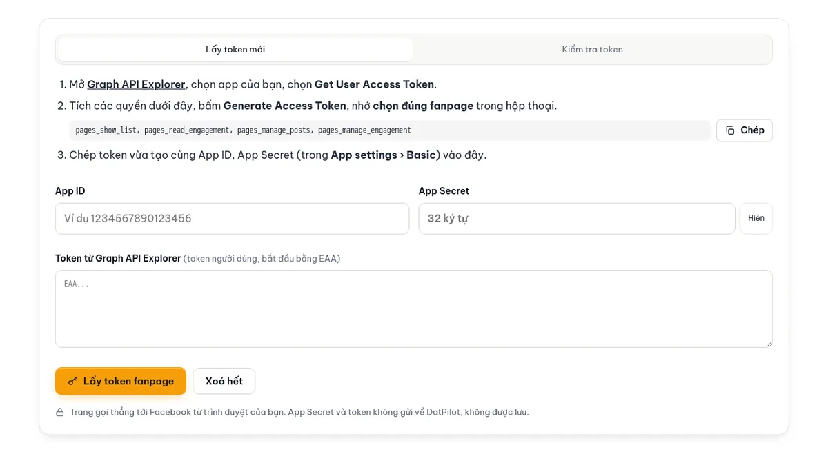 Công cụ lấy token fanpage: các bước lấy token người dùng từ Graph API Explorer, danh sách quyền cần chọn, ô App ID, App Secret và token. Tab Kiểm tra token xem hạn và quyền của token đang có.