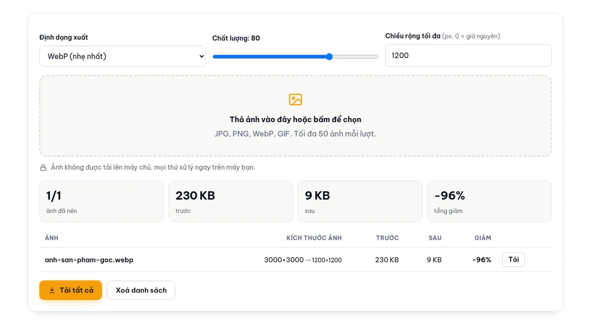 Công cụ nén ảnh WebP: chọn định dạng, chất lượng, chiều rộng tối đa, kéo thả ảnh; bảng kết quả ghi kích thước và dung lượng trước, sau.