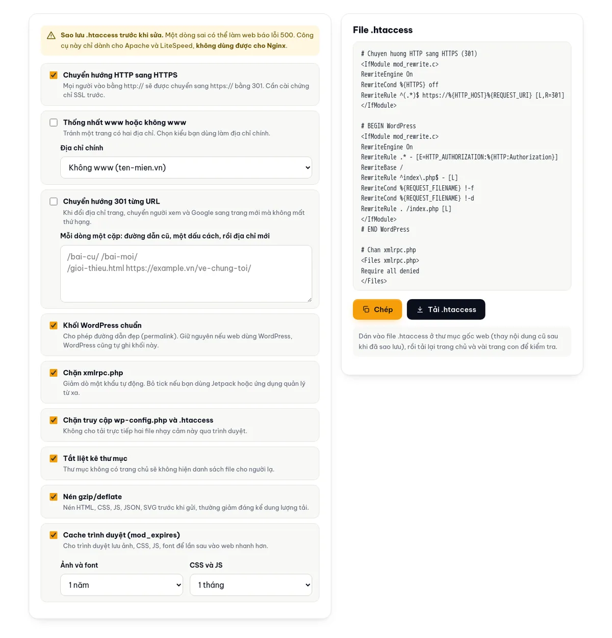 Công cụ tạo .htaccess: tick các khối bên trái, file .htaccess hoàn chỉnh hiện bên phải để chép hoặc tải về.
