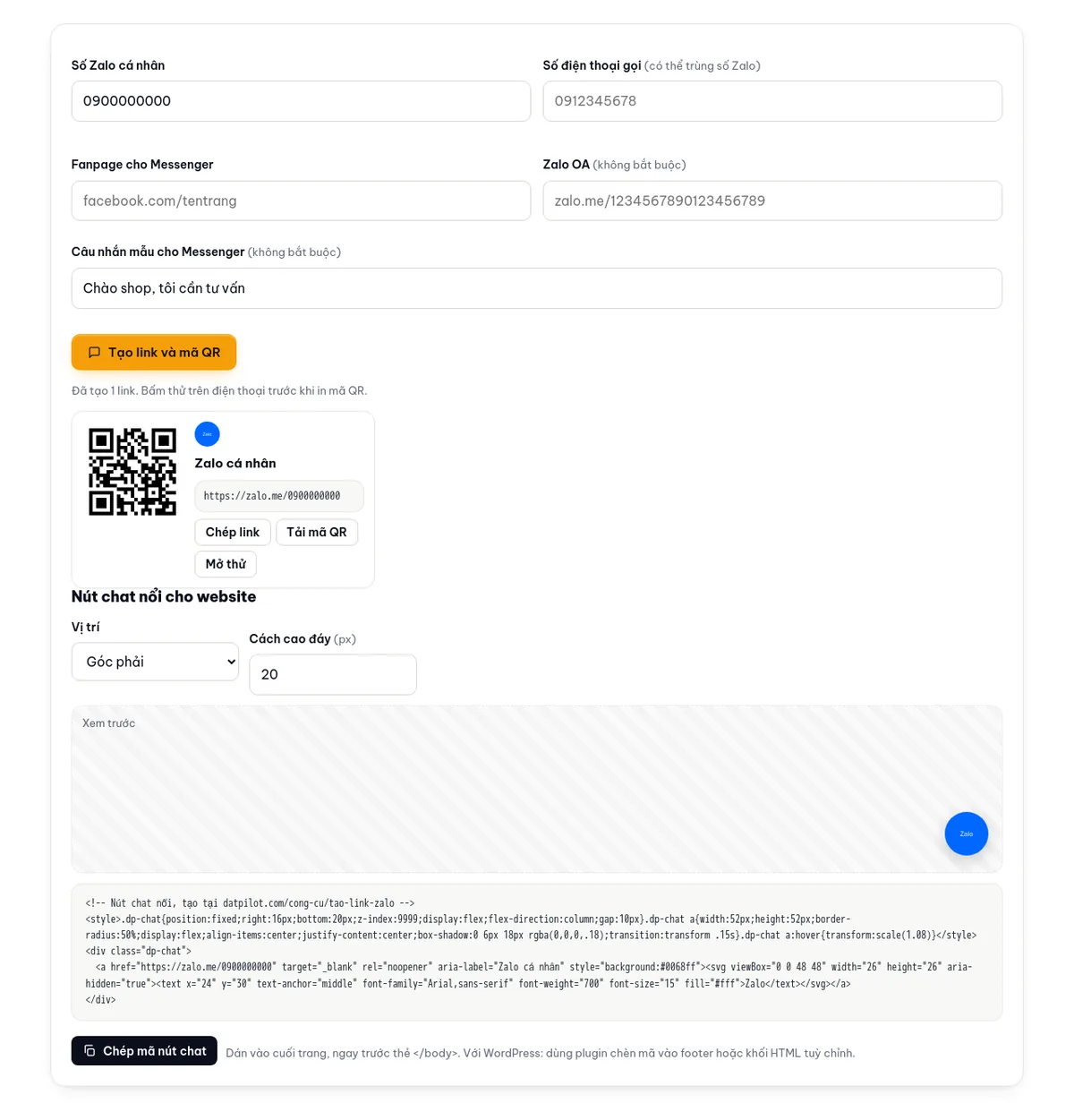Công cụ tạo link Zalo với số mẫu: link chat, mã QR, nút Thử, và đoạn mã nút chat nổi có bản xem trước.