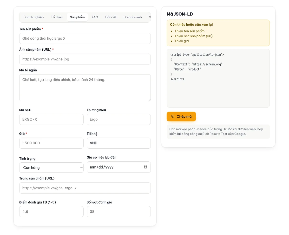 Công cụ tạo schema JSON-LD ở thẻ Sản phẩm: form bên trái, mã JSON-LD bên phải kèm danh sách trường còn thiếu.