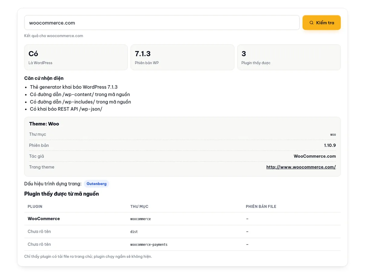 Kết quả kiểm tra woocommerce.com: là WordPress, phiên bản, theme, căn cứ nhận diện, trình dựng trang và danh sách plugin thấy được từ mã nguồn.