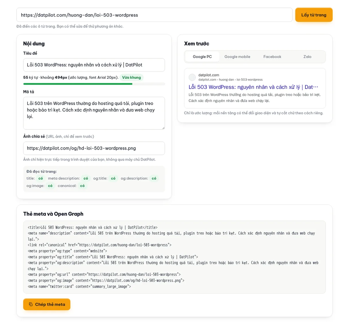 Công cụ xem trước hiển thị với một bài hướng dẫn trên datpilot.com: nội dung lấy từ trang, bản xem trước Google máy tính và đoạn thẻ meta để chép.