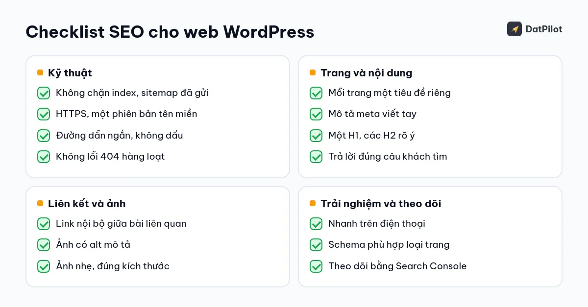 Checklist SEO cho web WordPress chia theo 4 nhóm.