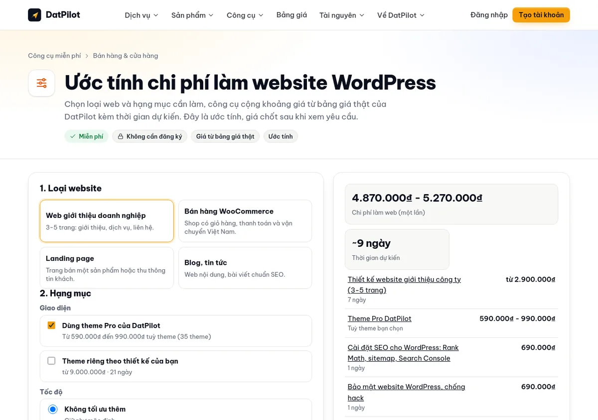 Công cụ ước tính chi phí làm website WordPress trên datpilot.com: chọn loại web, giao diện, hạng mục, nhận khoảng giá và thời gian dự kiến.