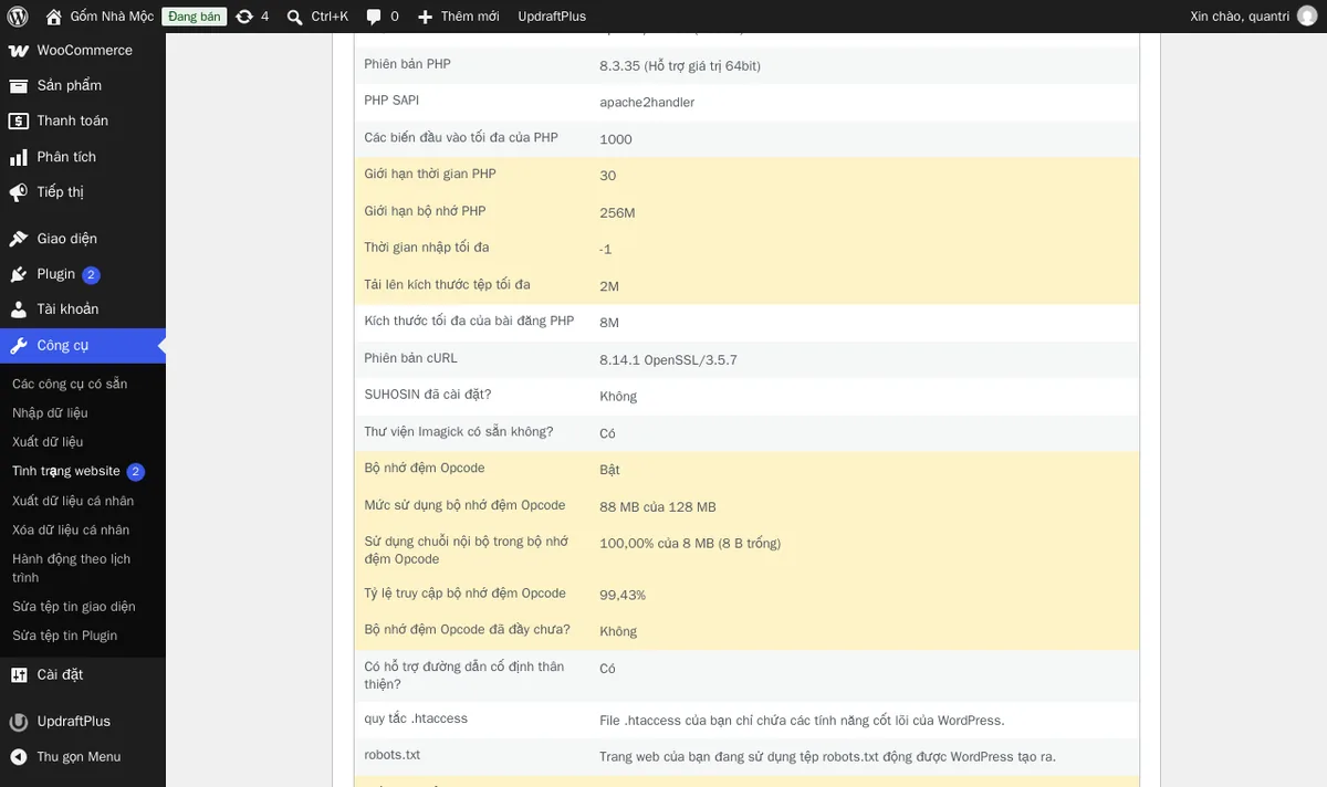 Công cụ → Tình trạng trang web → Thông tin → Máy chủ trên web thử nghiệm: các dòng tô vàng là giới hạn thời gian chạy, bộ nhớ PHP và dung lượng tải lên.