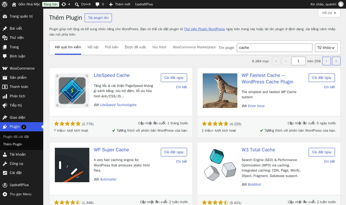 Plugin → Thêm plugin, tìm “cache” trên web thử nghiệm: xem số lượt cài, ngày cập nhật gần nhất và mức tương thích trước khi chọn.