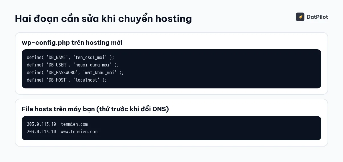 Hai chỗ cần sửa: thông tin cơ sở dữ liệu trong wp-config.php trên hosting mới, và file hosts trên máy bạn để thử web trước khi đổi DNS (IP chỉ là ví dụ).