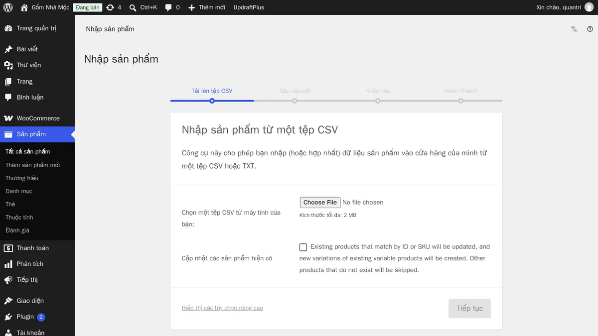 Màn hình Nhập sản phẩm từ một tệp CSV trên web thử nghiệm. Đánh dấu ô bên dưới nếu muốn cập nhật sản phẩm đã có theo ID hoặc SKU.