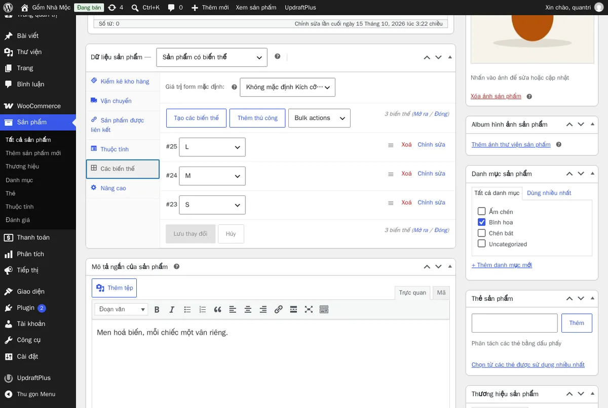 Tab Các biến thể của một sản phẩm trên web thử nghiệm: ba biến thể S, M, L. File CSV cần một dòng cho mỗi biến thể như vậy.
