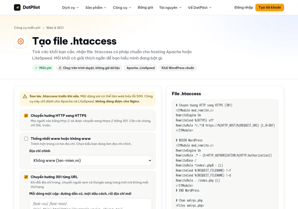 Công cụ tạo .htaccess trên datpilot.com: bật khối HTTP sang HTTPS, khối chuyển hướng 301 từng URL và khối WordPress chuẩn, file .htaccess hiện bên phải.
