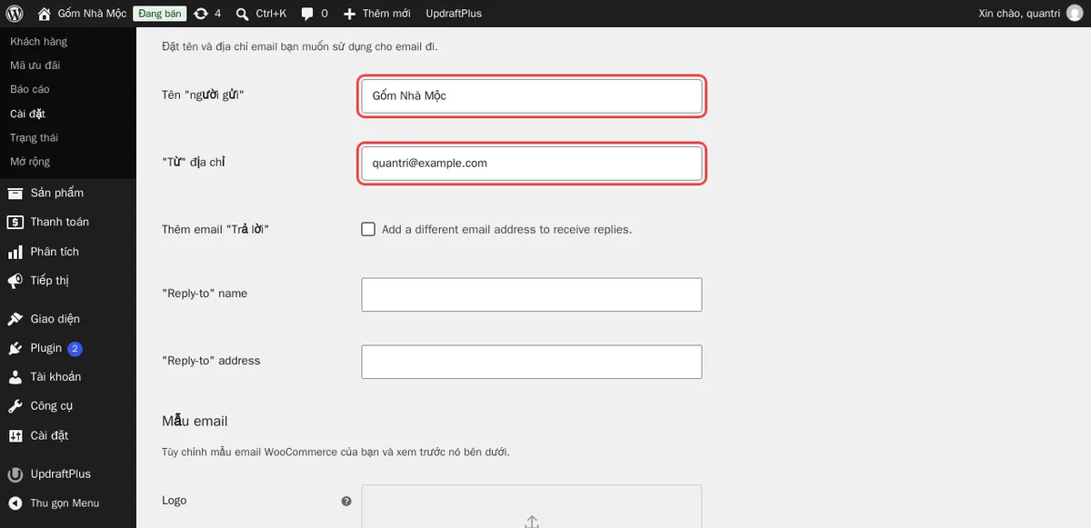 WooCommerce → Cài đặt → Email trên web thử nghiệm: Tên người gửi và Địa chỉ “Từ” (khoanh đỏ). Địa chỉ này phải thuộc tên miền đã cấu hình SPF và DKIM.