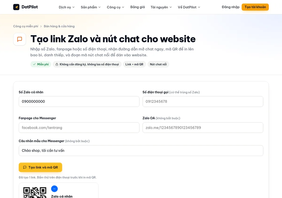 Công cụ tạo link Zalo và nút chat trên datpilot.com: nhập số Zalo (ví dụ số mẫu), câu nhắn mẫu, nhận link và mã QR.