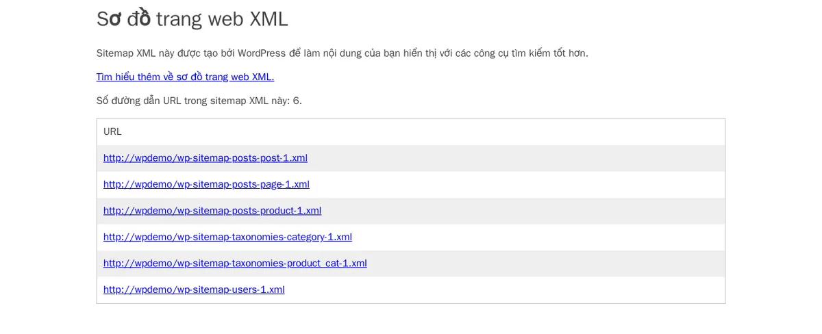 Sitemap mặc định của WordPress tại /wp-sitemap.xml trên web thử nghiệm: gồm các sitemap con cho bài viết, trang, sản phẩm, danh mục.