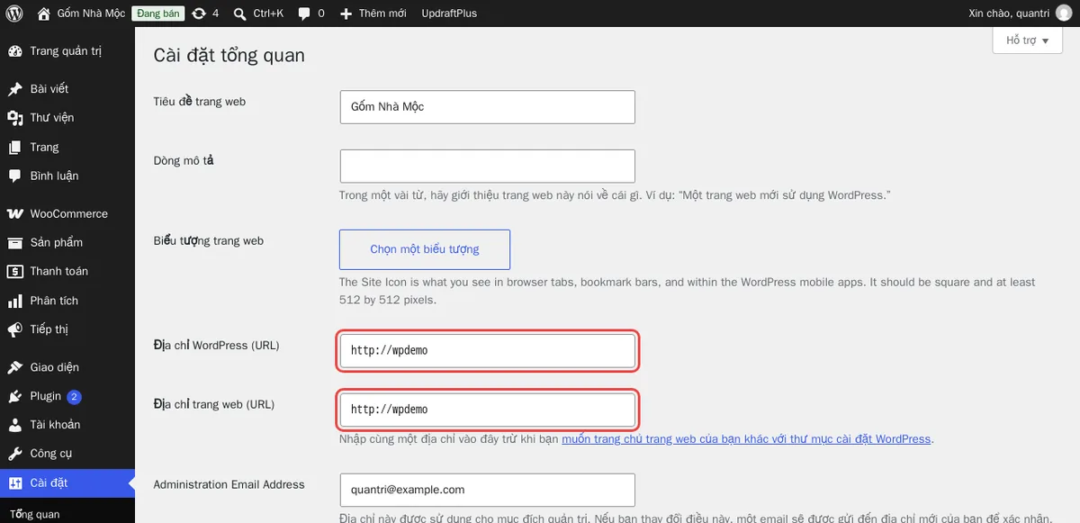 Cài đặt → Tổng quan: hai ô Địa chỉ WordPress và Địa chỉ trang web phải giống nhau và đúng địa chỉ thật (web thử nghiệm chạy http nội bộ).
