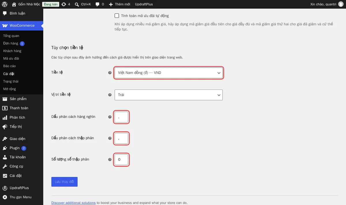 WooCommerce → Cài đặt chung trên web thử nghiệm: Tiền tệ Việt Nam đồng, dấu phân cách hàng nghìn là dấu chấm, số chữ số thập phân là 0.