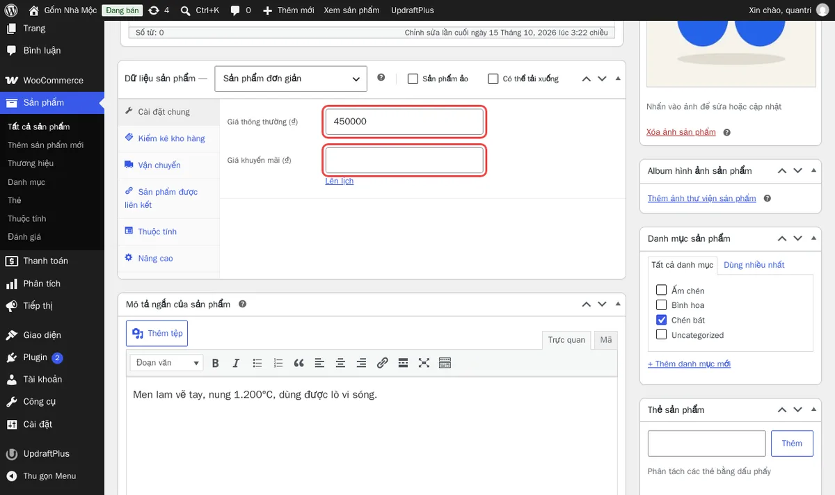 Khung Dữ liệu sản phẩm trên web thử nghiệm: ô Giá thông thường và Giá khuyến mãi. Giá nhập số nguyên, không gõ dấu chấm hay chữ đ.