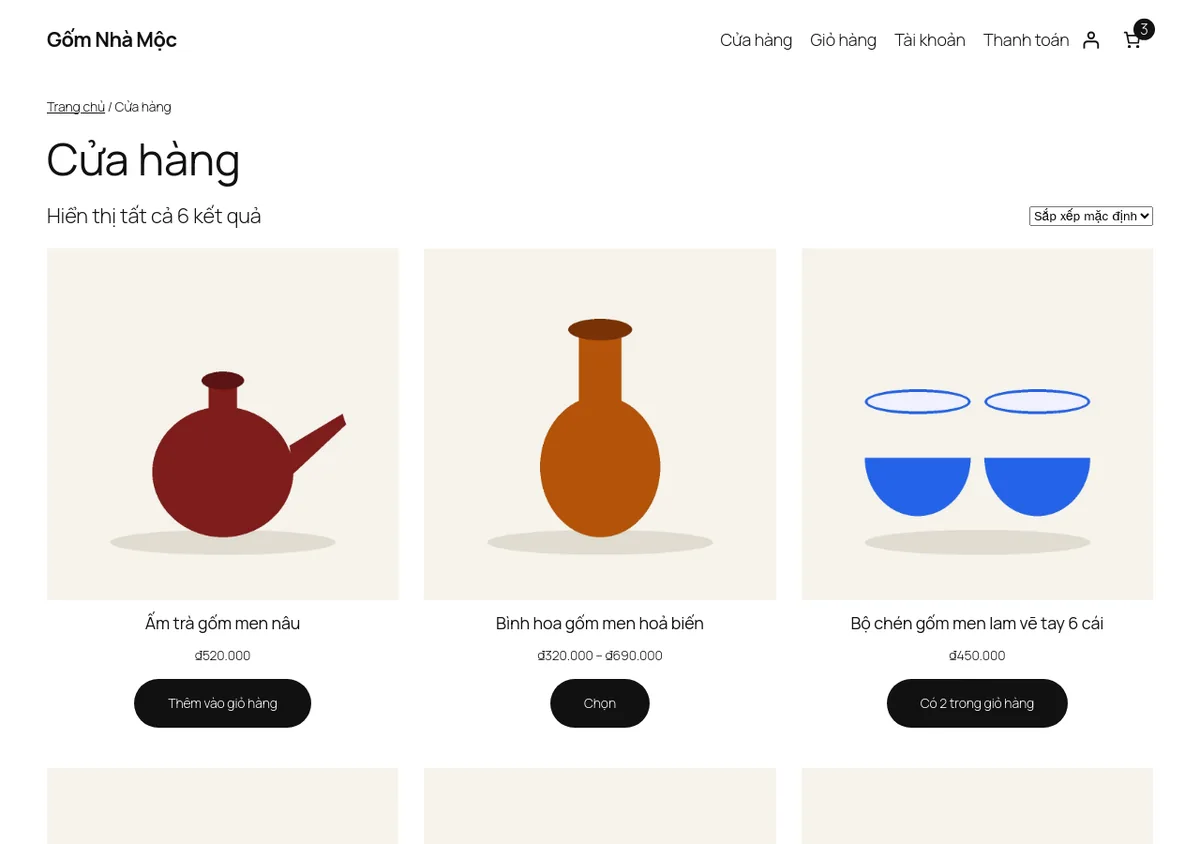 Trang Cửa hàng ngoài web thử nghiệm sau khi đã thêm sản phẩm, đặt tiền Việt và tên trang tiếng Việt.