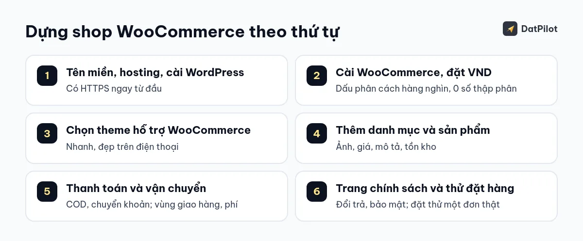 Sáu bước dựng shop WooCommerce theo thứ tự.