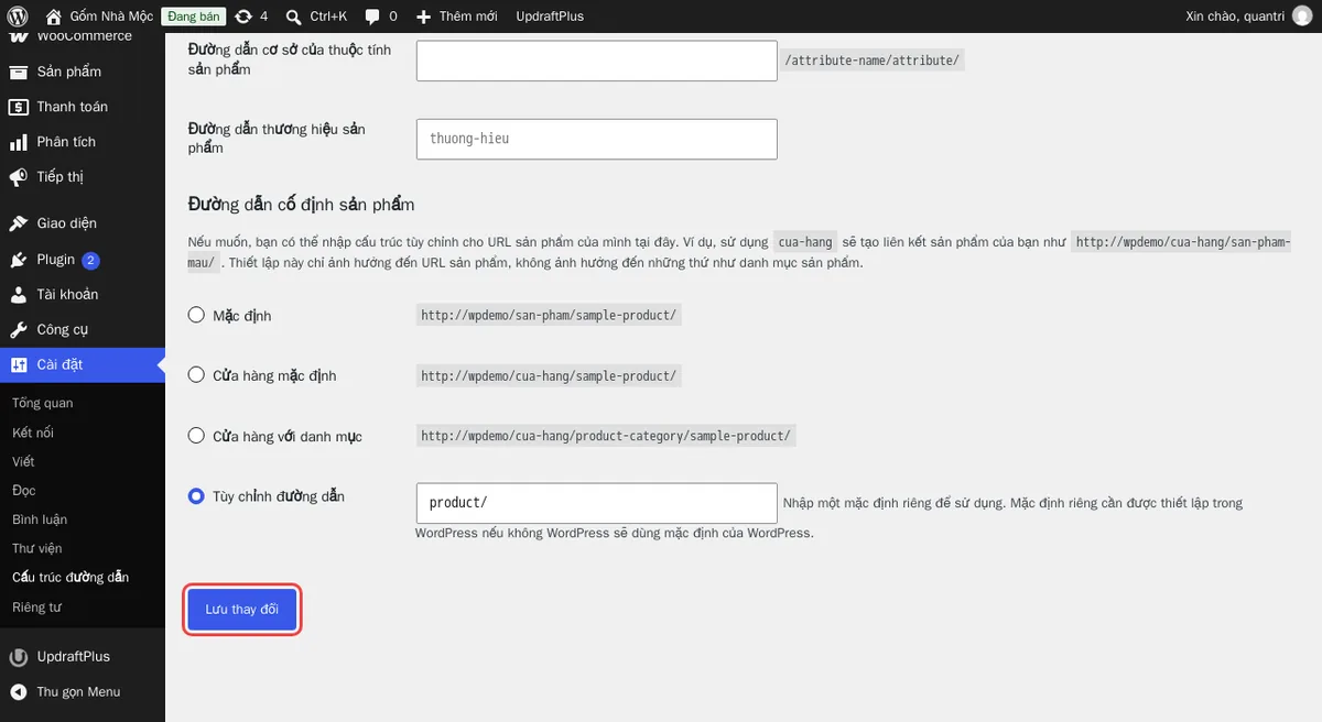 Cài đặt → Đường dẫn tĩnh: bấm Lưu thay đổi mà không sửa gì để WordPress tạo lại quy tắc đường dẫn.