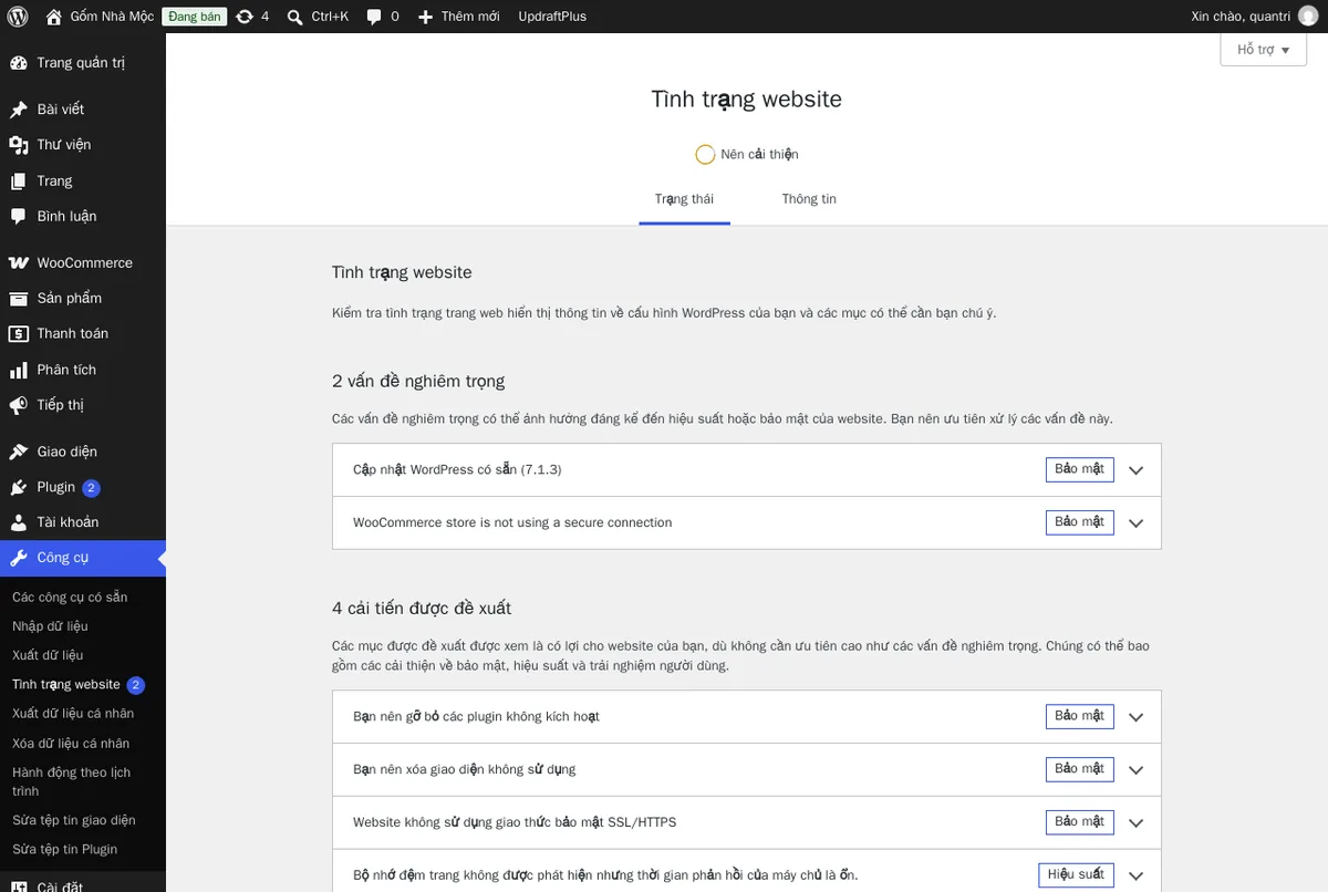 Công cụ → Tình trạng trang web trên web WordPress thử nghiệm: trang này liệt kê vấn đề nghiêm trọng, tab Thông tin ghi phiên bản PHP đang chạy.