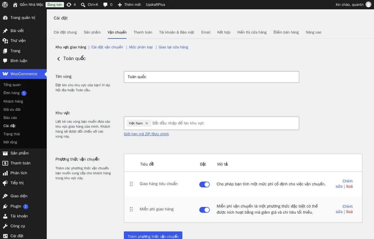 Vùng Toàn quốc trên web thử nghiệm có hai phương thức: Giao hàng tiêu chuẩn tính phí, và Miễn phí giao hàng cho đơn đạt giá trị tối thiểu.