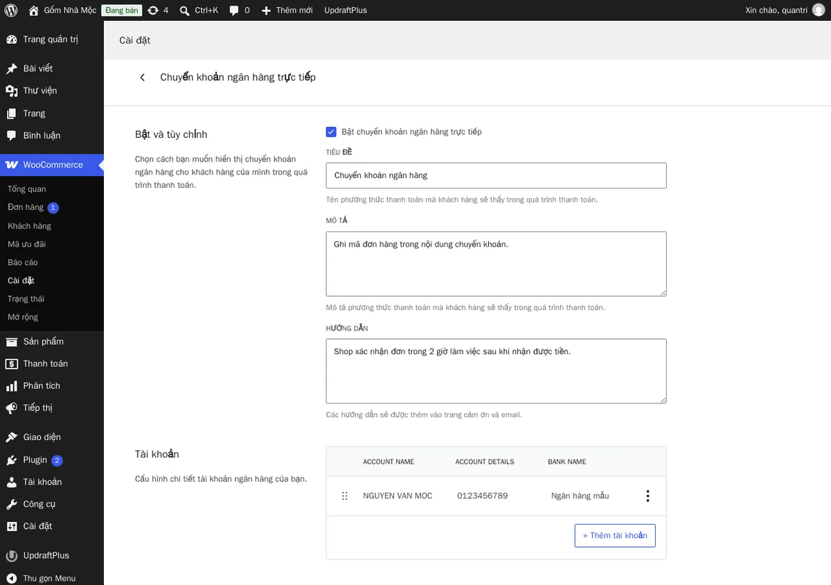 Cài đặt Chuyển khoản ngân hàng trên web thử nghiệm: tiêu đề, mô tả, hướng dẫn và thông tin tài khoản (tên và số tài khoản là dữ liệu mẫu).