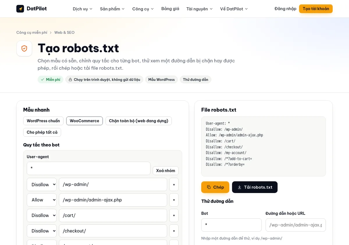 Công cụ tạo robots.txt trên datpilot.com với mẫu WooCommerce: chỉnh quy tắc theo từng bot, thử đường dẫn, chép hoặc tải file.