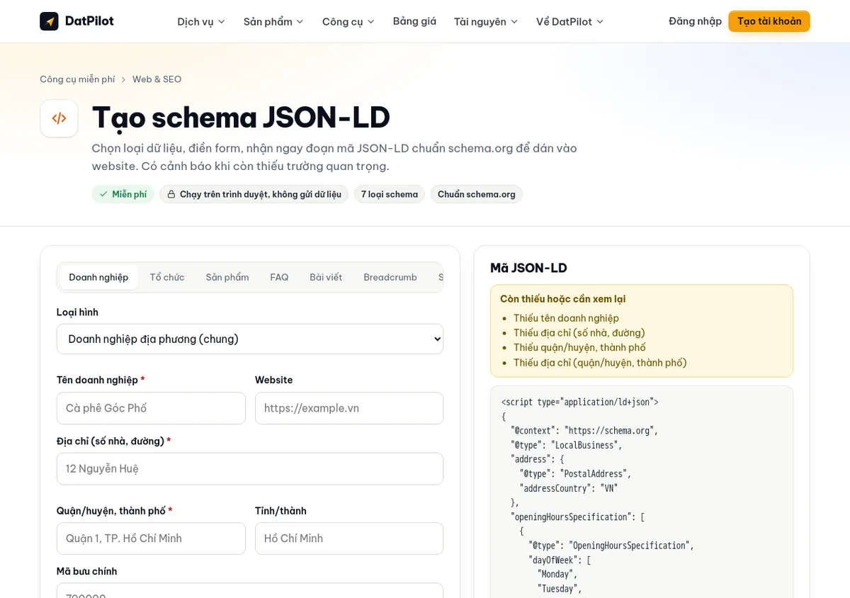 Công cụ tạo schema JSON-LD trên datpilot.com, tab Doanh nghiệp: điền form bên trái, mã JSON-LD hiện bên phải kèm danh sách trường còn thiếu.
