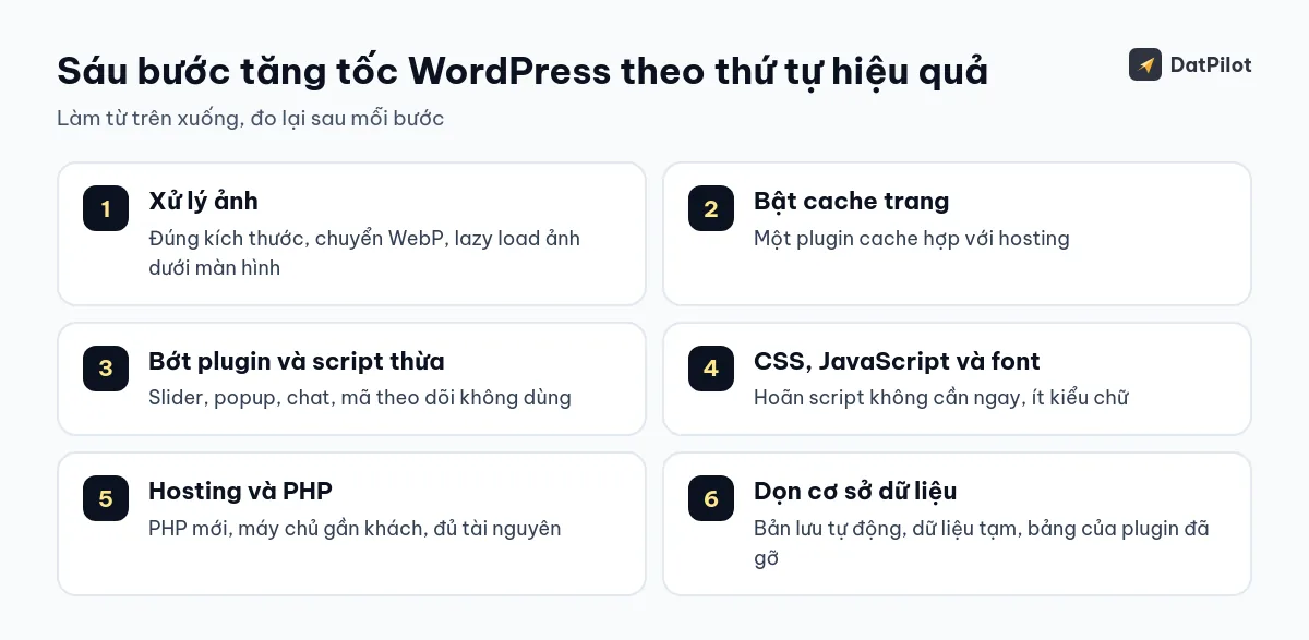 Sáu bước tăng tốc theo thứ tự hiệu quả, làm từ trên xuống và đo lại sau mỗi bước.