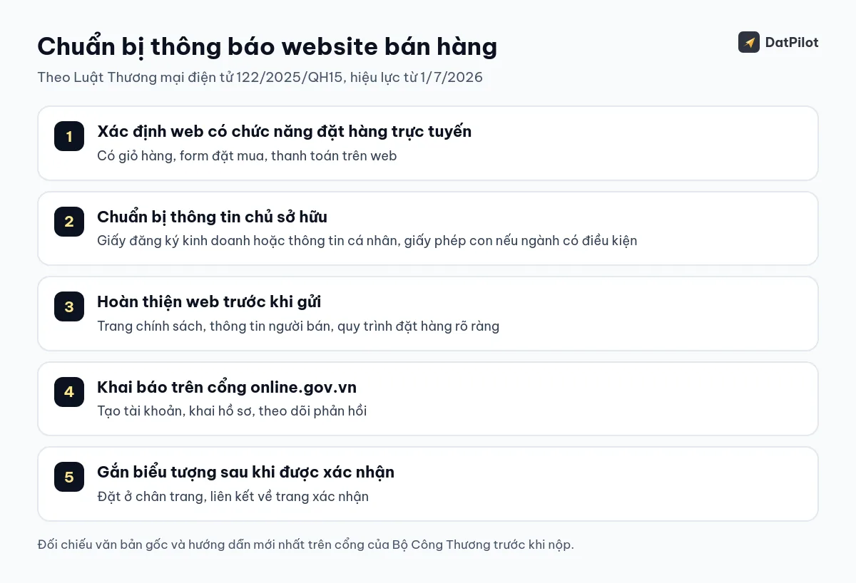Các bước chuẩn bị thông báo web bán hàng theo Luật Thương mại điện tử 2025.