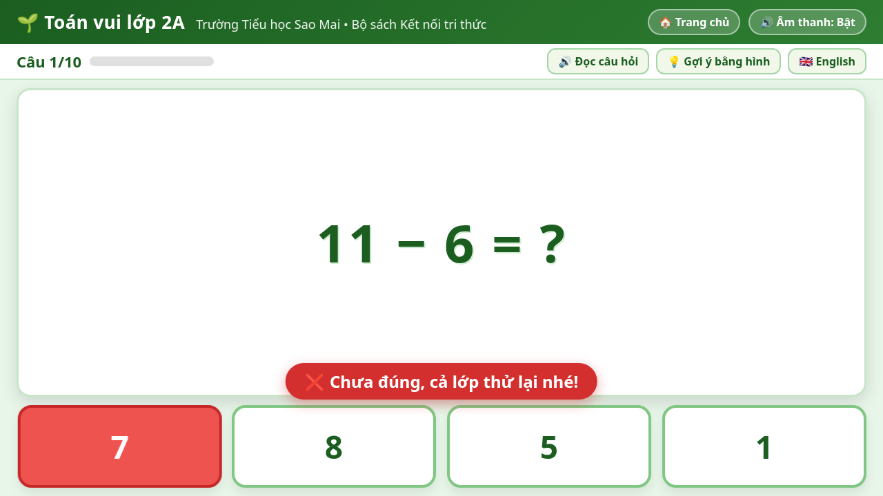 Bấm sai thì nút đỏ và báo thử lại