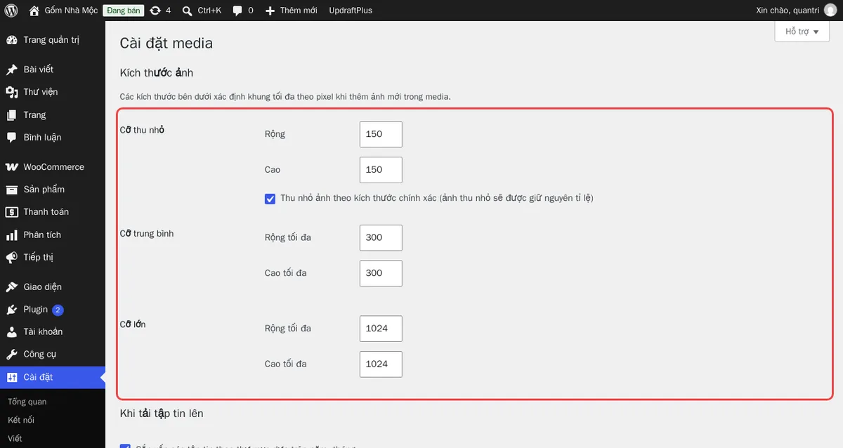 Cài đặt → Media: ba cỡ ảnh mặc định WordPress tạo cho mỗi ảnh tải lên. Theme và plugin có thể đăng ký thêm cỡ khác.