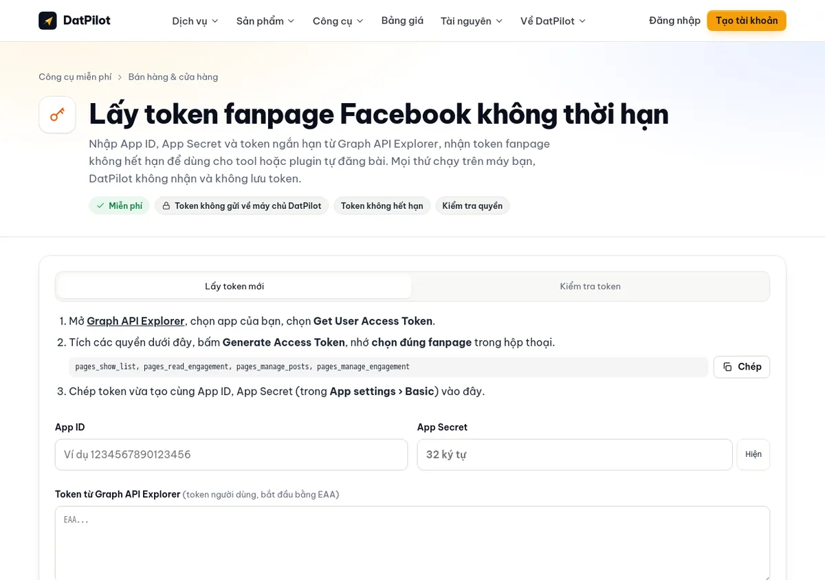 Công cụ lấy token fanpage Facebook trên datpilot.com: các bước lấy token người dùng từ Graph API Explorer, danh sách quyền cần chọn, và ô nhập App ID, App Secret.