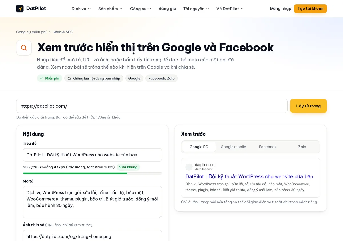 Công cụ xem trước hiển thị trên datpilot.com: lấy tiêu đề và mô tả từ trang, đếm độ dài theo điểm ảnh và hiện bản xem trước như trên Google.