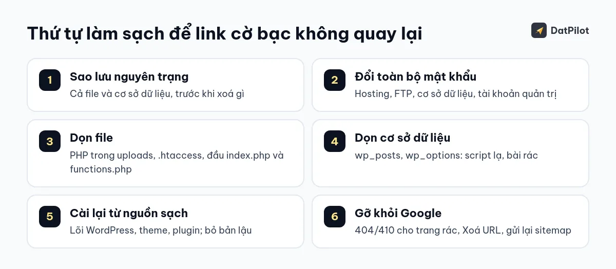 Thứ tự làm sạch: sao lưu và đổi mật khẩu trước, dọn sau, gỡ khỏi Google cuối cùng.
