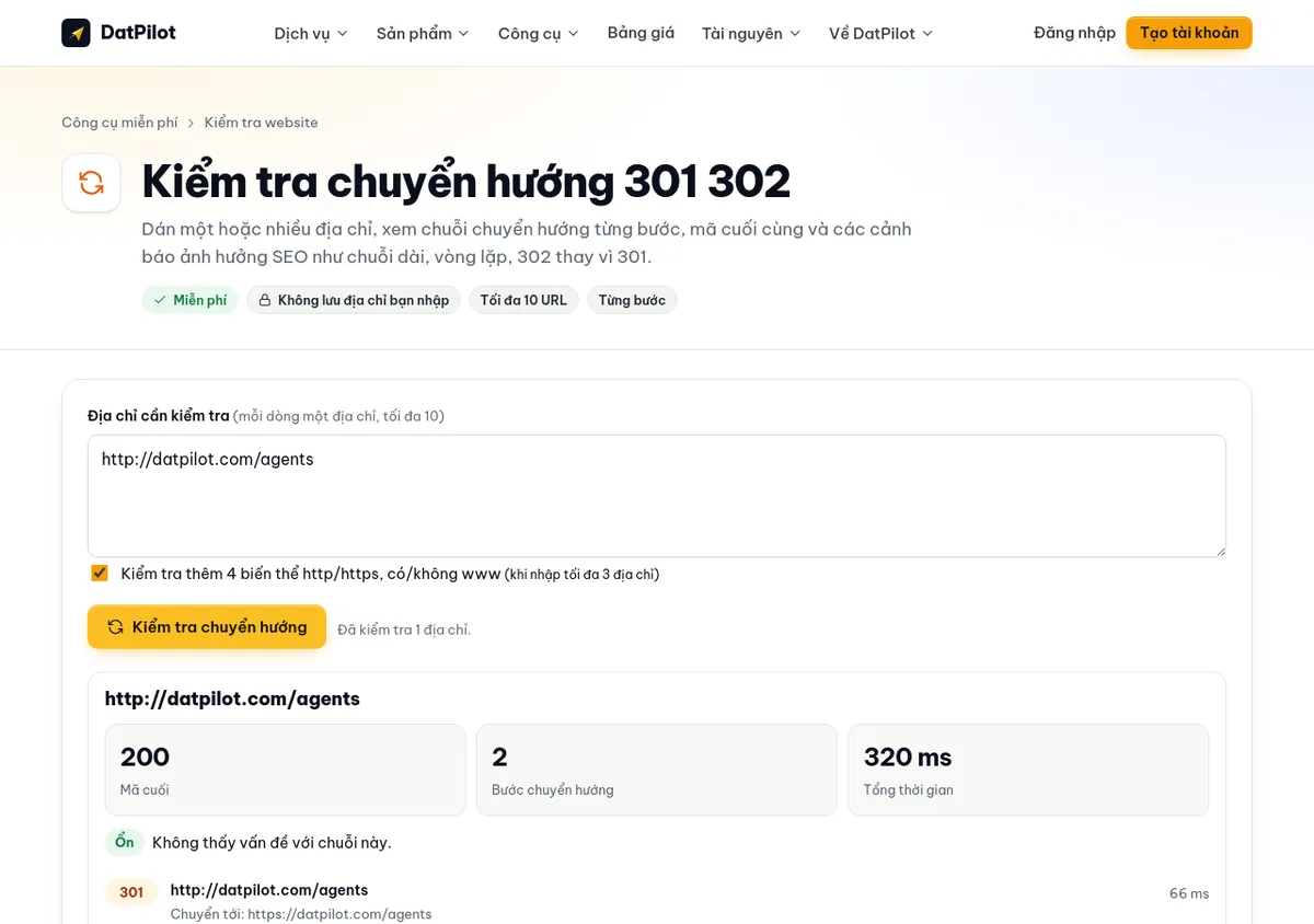Công cụ kiểm tra chuyển hướng của DatPilot liệt kê từng bước và mã trạng thái. Ở đây là một chuyển hướng 301 hợp lệ trên chính datpilot.com.