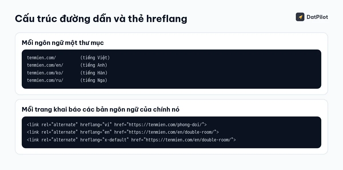 Mỗi ngôn ngữ một thư mục, và mỗi trang khai báo các bản ngôn ngữ của chính nó bằng thẻ hreflang (tên miền và đường dẫn là ví dụ).