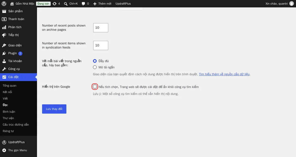 Cài đặt → Đọc trên web thử nghiệm: ô Hiển thị trên Google (khoanh đỏ). Nếu được tích, WordPress yêu cầu công cụ tìm kiếm không lập chỉ mục web.