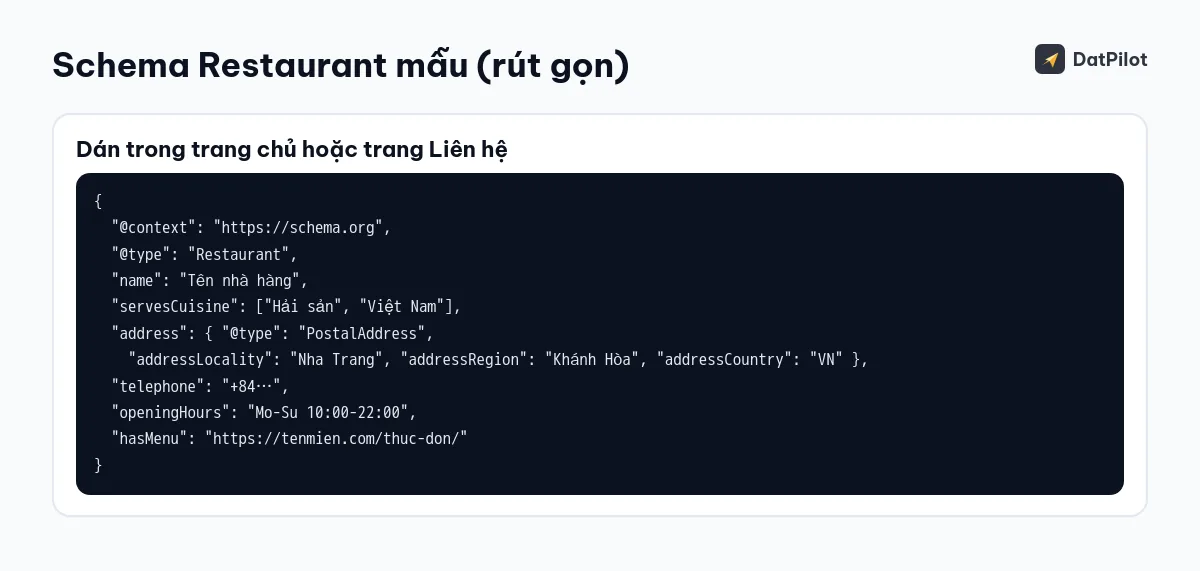 Mẫu schema Restaurant rút gọn: thay tên, loại món, điện thoại, giờ mở cửa và link thực đơn bằng thông tin thật của quán.