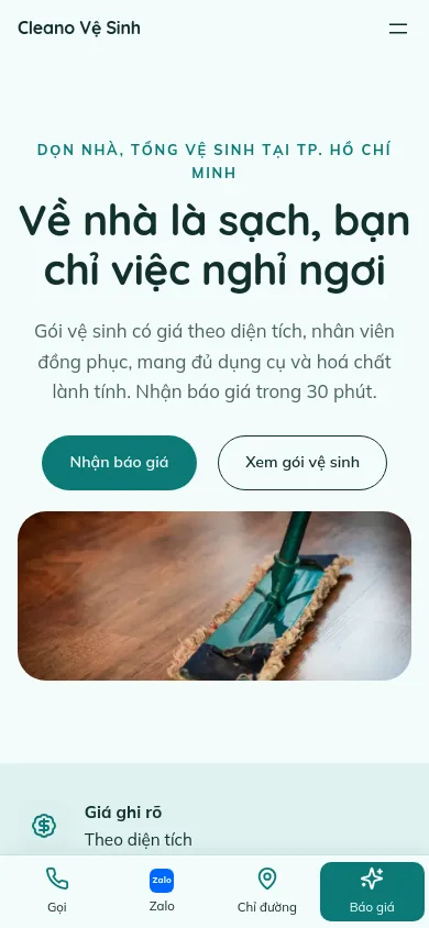 Trang chủ theme Cleano trên điện thoại