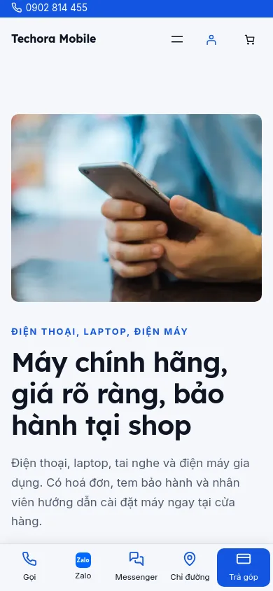 Trang chủ theme Techora trên điện thoại